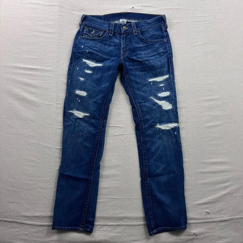 True Religion Straight Leg Jeans Mens 34 Blue Distressed Shredded Made in USA